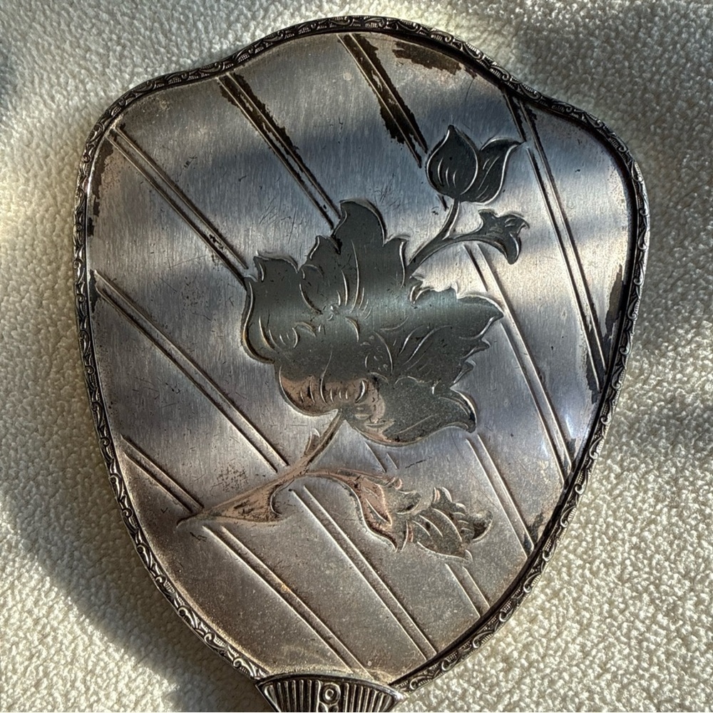 Vintage Silver-Tone Floral Hand Mirror & Brush Set - Picture 7 of 12